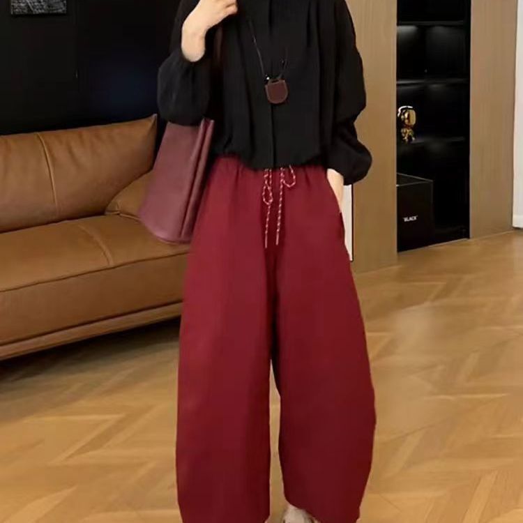 早秋穿搭一整套简约纯色长袖圆领短款衬衫女高腰宽松休闲显瘦长裤|undefined