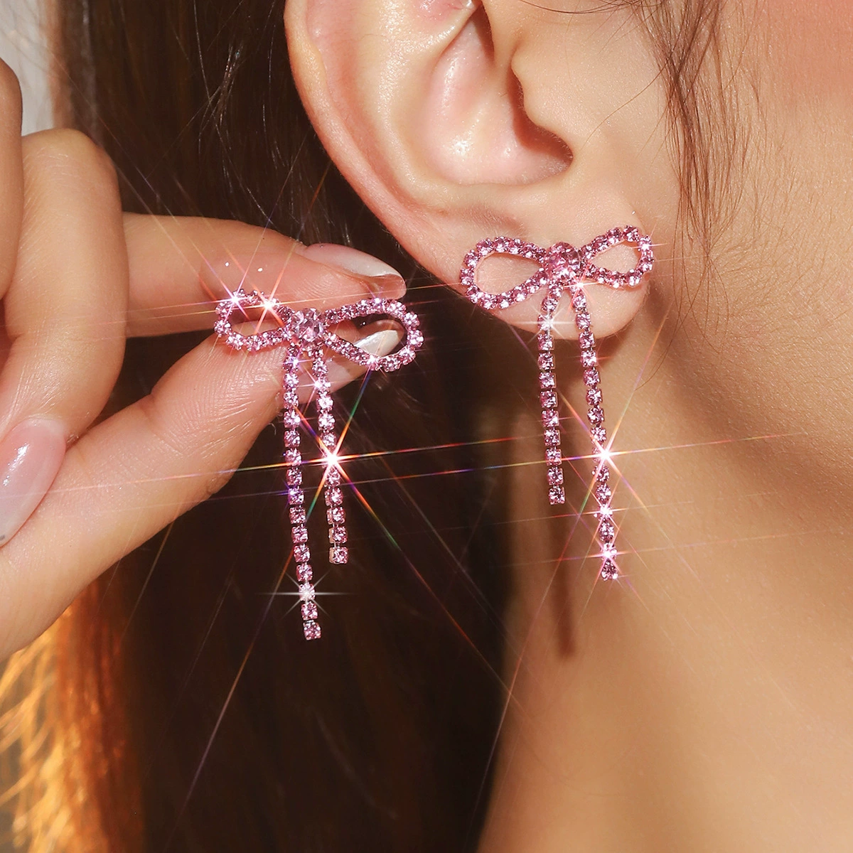 Серьги DINGKA бант с rhinestone, медь с серебряным покрытием, 4.4×2.7 см, 7.3 г