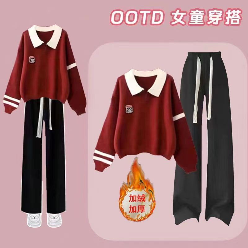 Autumn and Winter Fleece-Lined Sweatshirt Set for Female Students, Korean Style Polo Collar Casual Sports Two-Piece Set, Wholesale Cotton Fashion