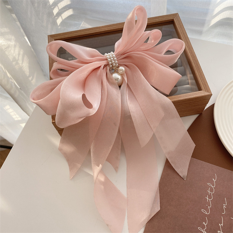 Women's Gender Sweet Bow Knot Cloth Organza Inlay Artificial Pearls Hair Clip 1 Piece