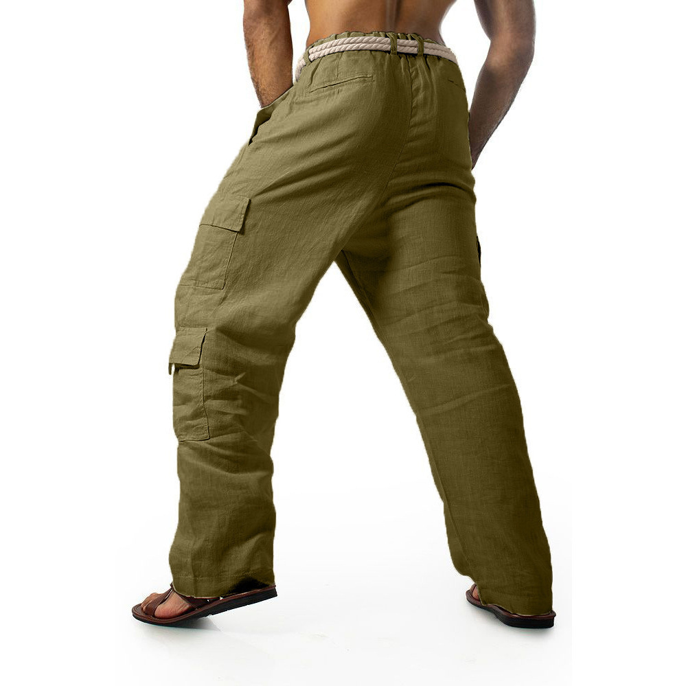 Spring and Autumn Men's Cotton and Linen Long Pants with Drawstring, Multiple Pockets, Straight-Leg, Solid Color, Comfortable, Breathable, Outdoor, Everyday, European and American Style, Plus Size