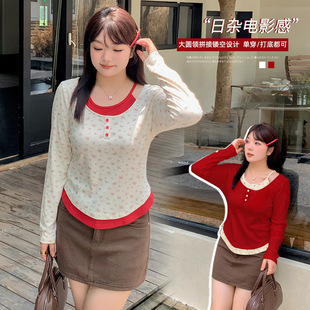 Plus Size Women's Spliced Suspbottomer Fake Two-Piece Bottoming Shirt for Women Autum New Just Need Slim Fit Top 311676