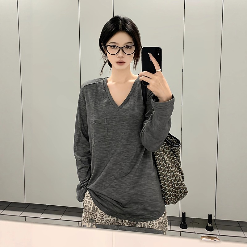 美式复古v领长袖t恤女秋冬穿搭简约内搭打底衫慵懒风宽松百搭上衣|undefined