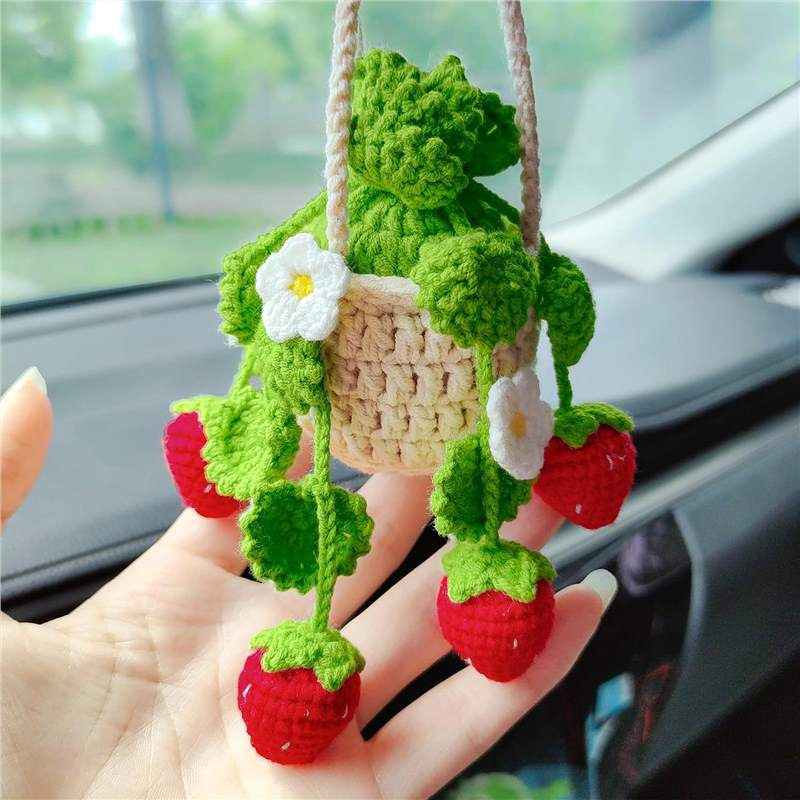 Finished Product: Creative Car Hanging Ornament, Strawberry Hanging Plant Ornament, Handmade Rearview Mirror Decoration, Car Interior Accessories