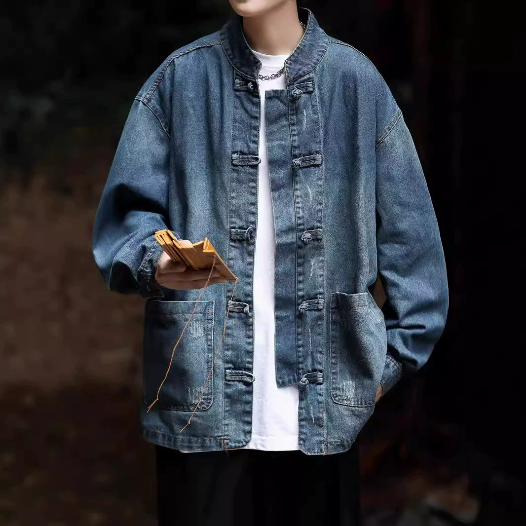 Промежуточная вымытая джинсовая рубашка китайская мужская легкая национальная пряжка с стоячим воротником, дикая повседневная куртка Zhongshan Tang