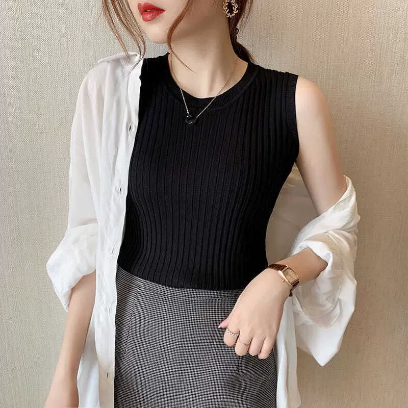 夏季女装背心外穿冰丝纯色针织圆领无袖上衣打底显瘦百搭