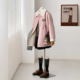 【少女所许】25年秋季新款撞色粉韩系百搭中长款羊毛大衣外套HL12