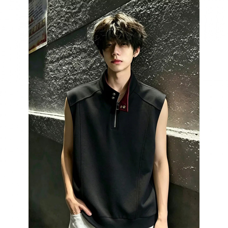 Summer Dark Style Half-Zip Pullover Vest for Men and Women, Korean Style, Simple and Cool, Solid Color Sleeveless Base Layer