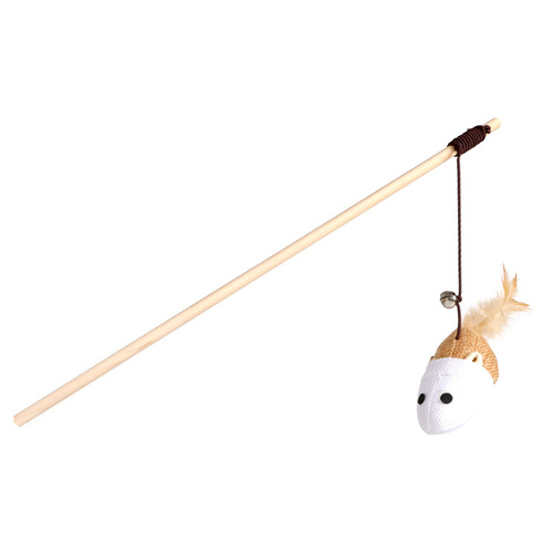 Cat toy, natural wood handle, feather wand, elastic rope, cotton linen fabric, bell, interactive cat toy, cat teaser toy