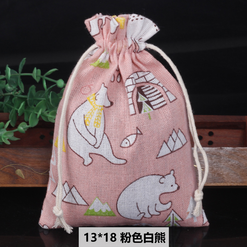 Ventas calientes de impresión de paquetes de cuerda de dibujo bolsas de impresión logotipo de lino bolsa de tela para el medio ambiente bolsa de almacenamiento de artículos 13 * 18
