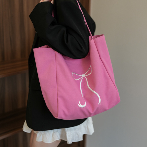 Large-capacity bow embroidery canvas tote bag for women, teenage girl's heart cute single-shoulder cloth bag for commuting and working, hand-held