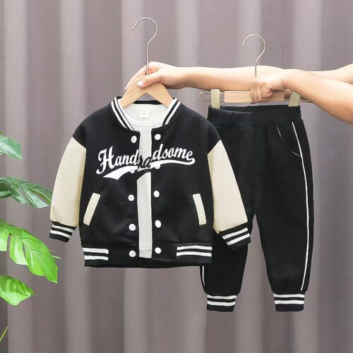 Spring Boys New Baseball Collar Long Sleeve Set Autumn Boys Trendy Letter Print Casual Fashion Three-Piece Set