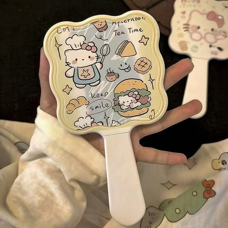 ins可爱卡通KT猫手持化妆镜子带梳子高颜值手柄镜高清便携随身镜|undefined