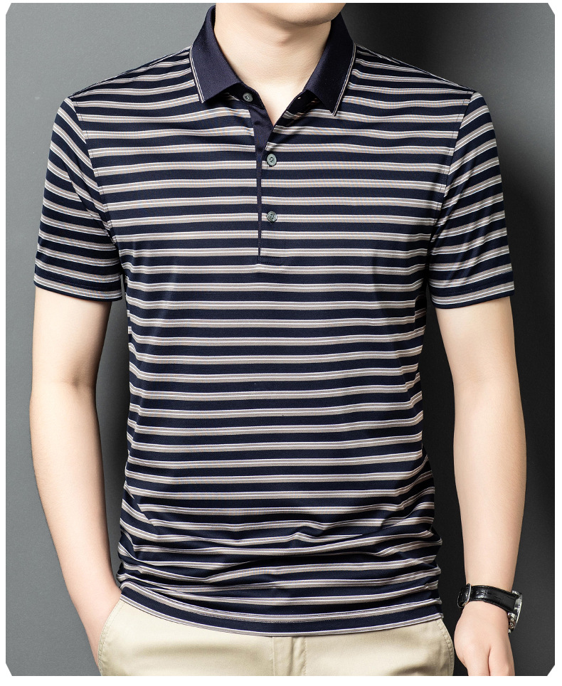 Áo polo nam tay ngắn sọc kẻ cổ bẻ chất lụa tơ tằm mỏng nhẹ — Màu ảnh 25010 chi tiết 10