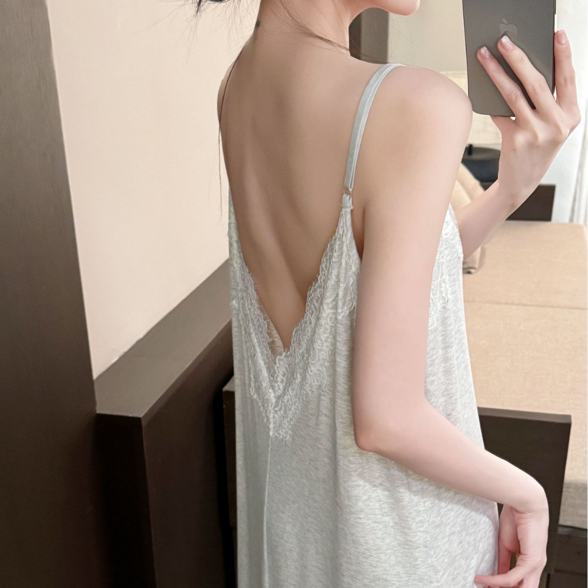 性感露背蕾丝睡灰色裙仿莫代尔吊带长裙家居服夏跨境欧美pajamas