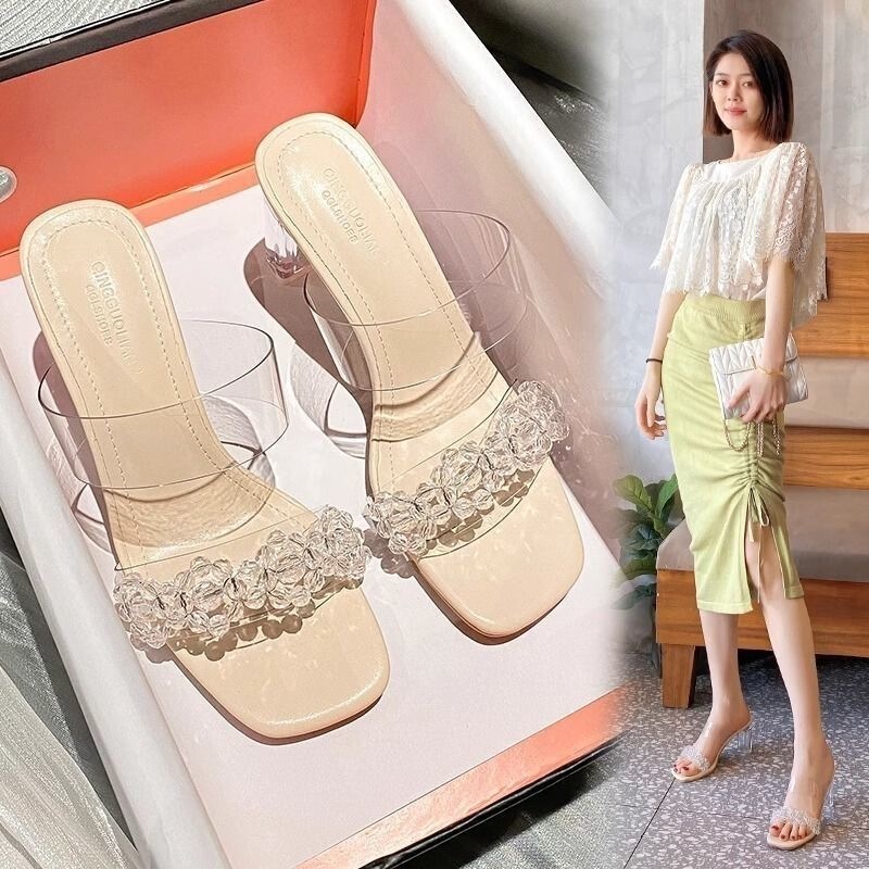Exquisite Solid Color 2026 New Style Stackable Sandals for Women, Summer Thick-Soled Square-Toed Comfortable High Heels, Transparent and Elegant