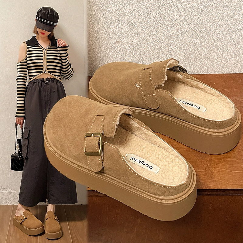 Женские туфли Birkenstock на толстой подошве в стиле ретро, ​​осень-зима 2025, новые меховые тапочки для женщин, хлопковые тапочки, полутапочки на флисовой подкладке