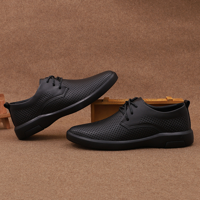夏季鏤空系帶男士皮鞋 頭層牛皮乾爽洞洞鞋 商務休閒打孔洞洞鞋