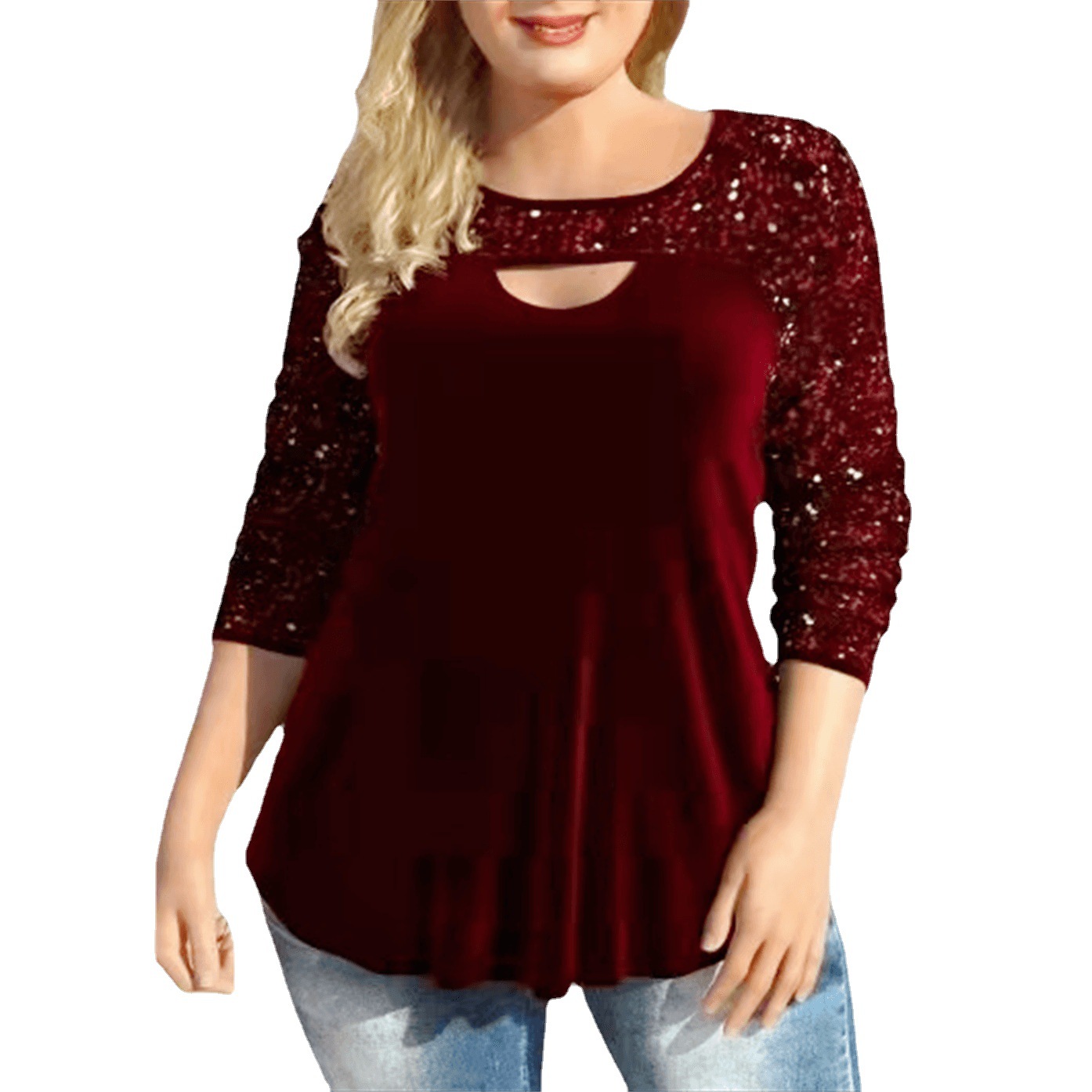 Europeo y americano Amazon digital cuello redondo hueco-fuera manga larga ocho tamaño camiseta adelgazamiento lentejuelas costura punto superior ropa de mujer