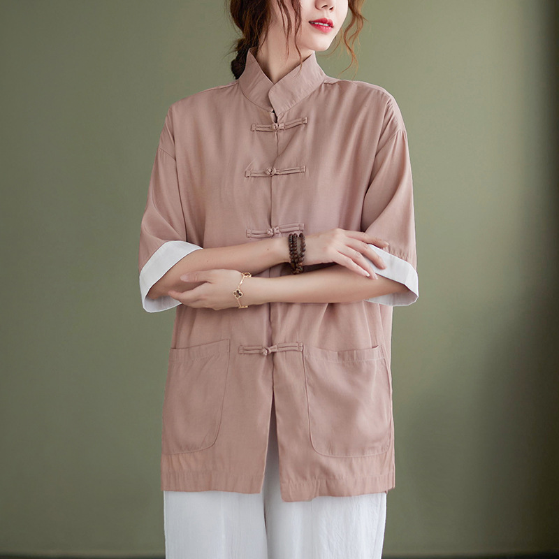 Men's and Women's Short-Sleeved Contrasting Color Chinese Stand-Up Collar Cotton Button-Down Shirt Original Shirt Personalized Tang Suit Top Gray