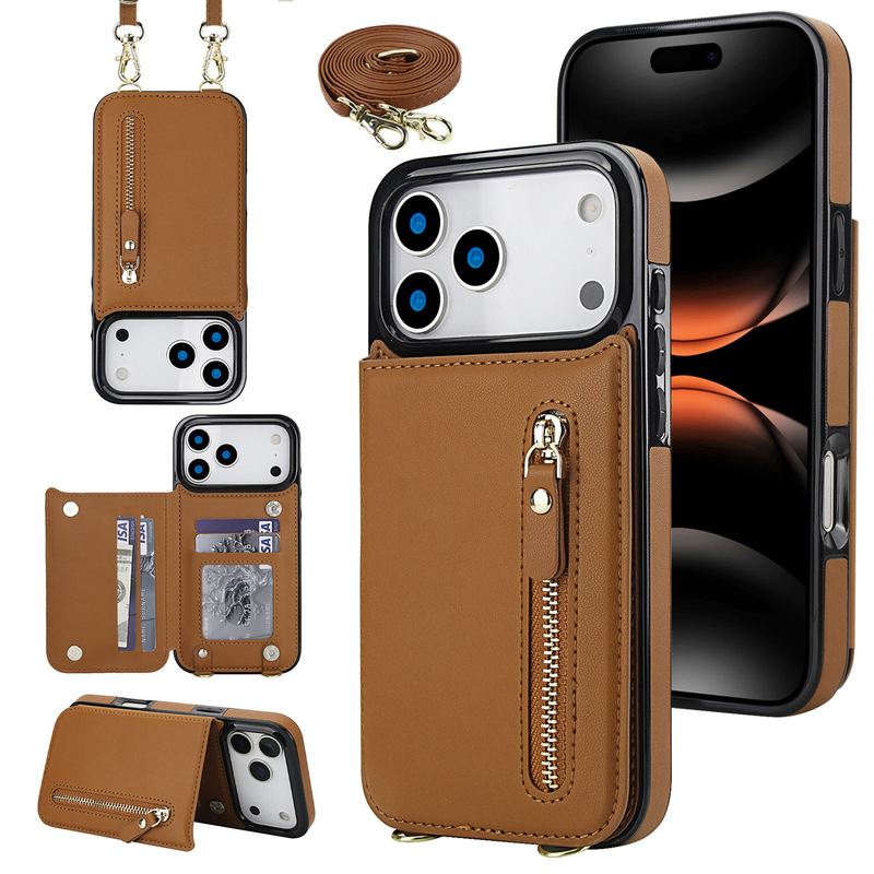 Suitable for Iphone18Promax Cross-Body Shoulder Strap Mobile Phone Leather Case Samsung S26Ultra Card Zipper Protective Case