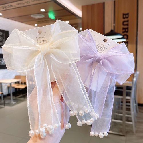 Korean-style bow ribbon pearl children's hair clip princess fairy-like tassel net lace hairpin solid color fabric hair accessory