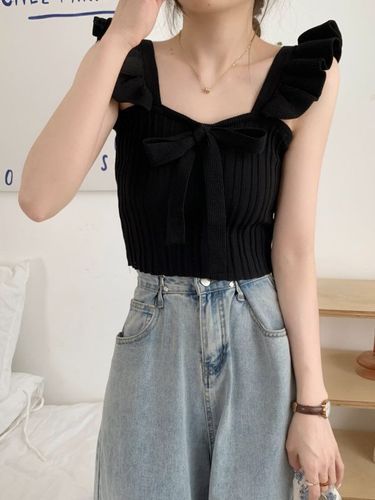 Bow-knot ear-edge knitted top  summer new style French slim solid color short camisole women's clothing