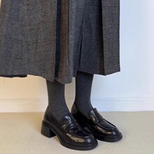 牛皮版~新款复古粗跟乐福鞋女一脚蹬圆头单鞋真皮通勤懒人小皮鞋