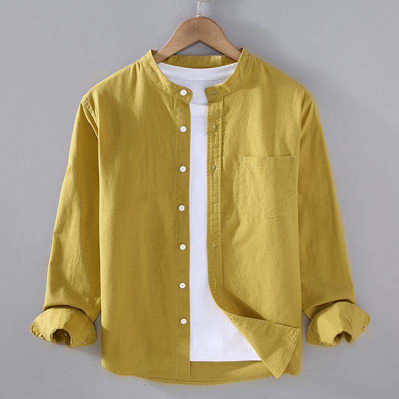 Linen Shirt Men's Long-Sleeved Stand-Up Collar Summer Shirt Outer Wear Retro Cotton and Linen Clothes Casual Round Neck Thin Jacket