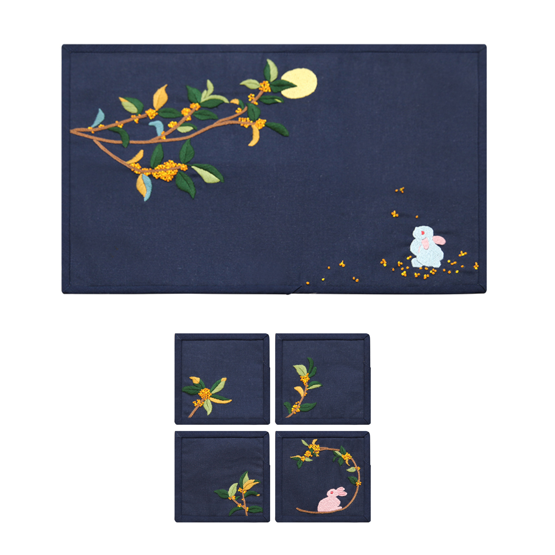 Bordado DIY paquete de material estera de té de cuatro piezas hecho a mano Lu bordado conejo Flor de melocotón bolsa de costura sala de estar estera de té montaña