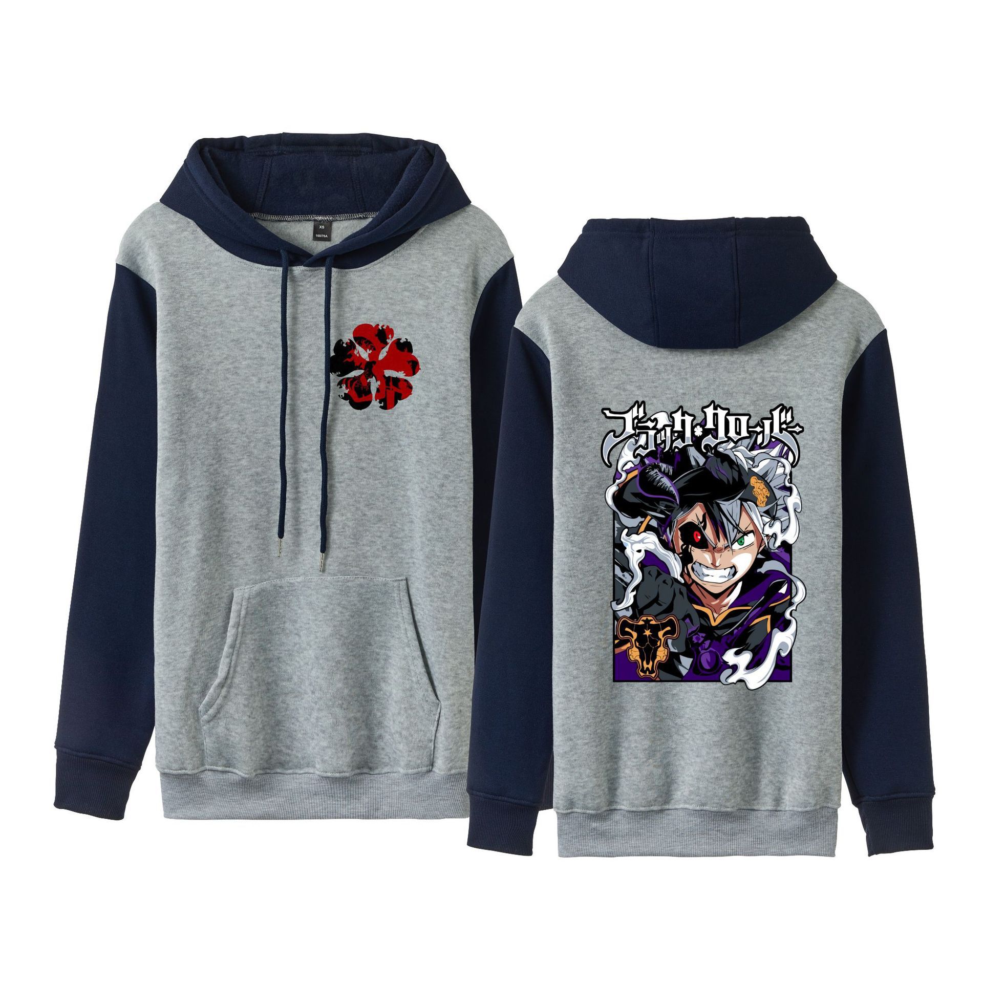 Trébol de cuatro hojas negro Black Clover suéter de pareja de talla grande para hombres y mujeres sudadera con capucha de contraste con capucha