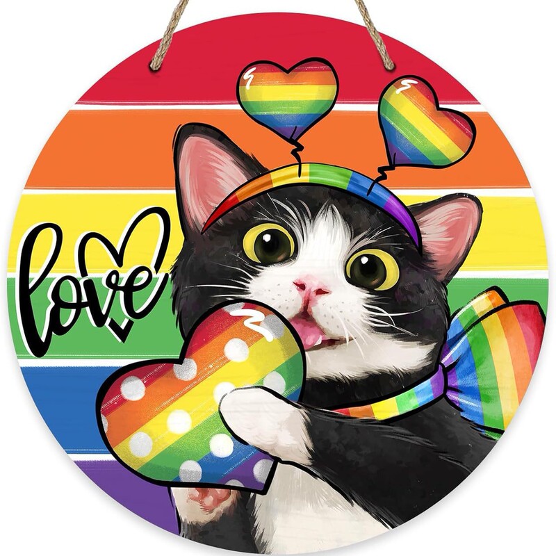 Cross-Border Front Door Sign with Rainbow and Black Cat Design, Door Hook for Girls, Outdoor Porch Decoration, High-End Ambiance Wooden Wreath