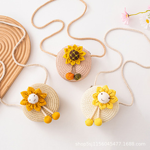 New Children's Coin Purse Straw Small Bag Exquisite Fashion Flower Woven Bag Cute Girl Shoulder Crossbody Bag