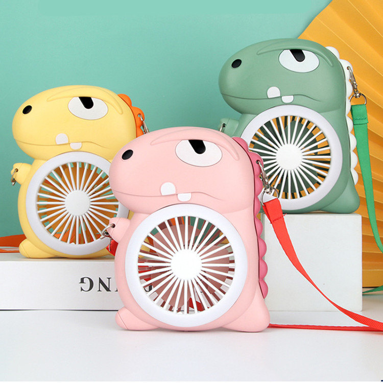 夏日清凉可爱恐龙背带风扇卡通霸王龙USB带灯风扇随身口袋风扇批