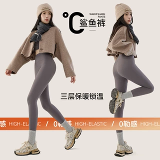 磨毛鲨鱼裤女秋冬高腰收腹瑜伽芭比裤加绒加厚弹力保暖打底裤外穿