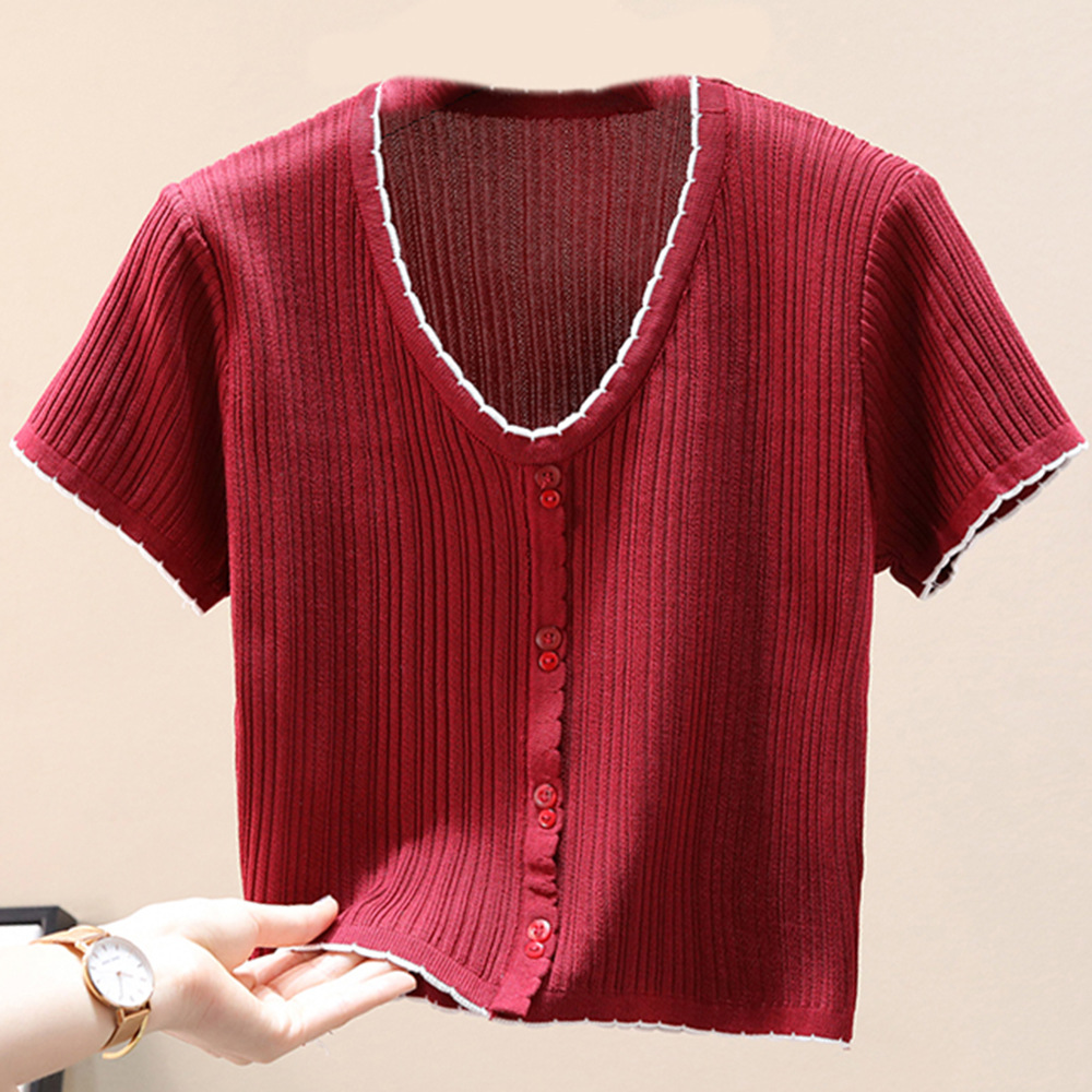 v-neck short-sleeved knit sweater slim short navel t-shirt NSJR52110