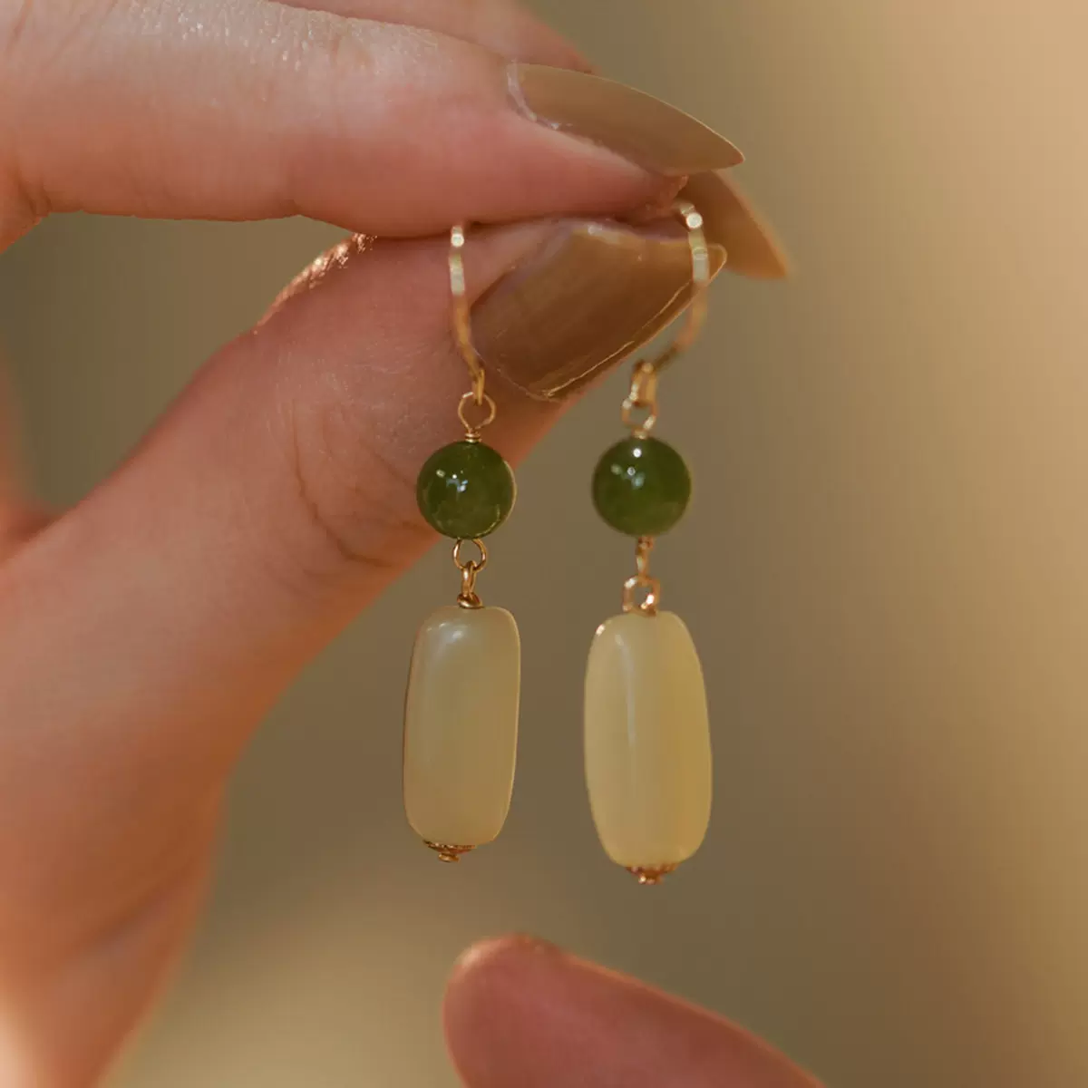 设计师推荐 和田玉碧玉原创小众设计国潮感轻奢耳环耳钩