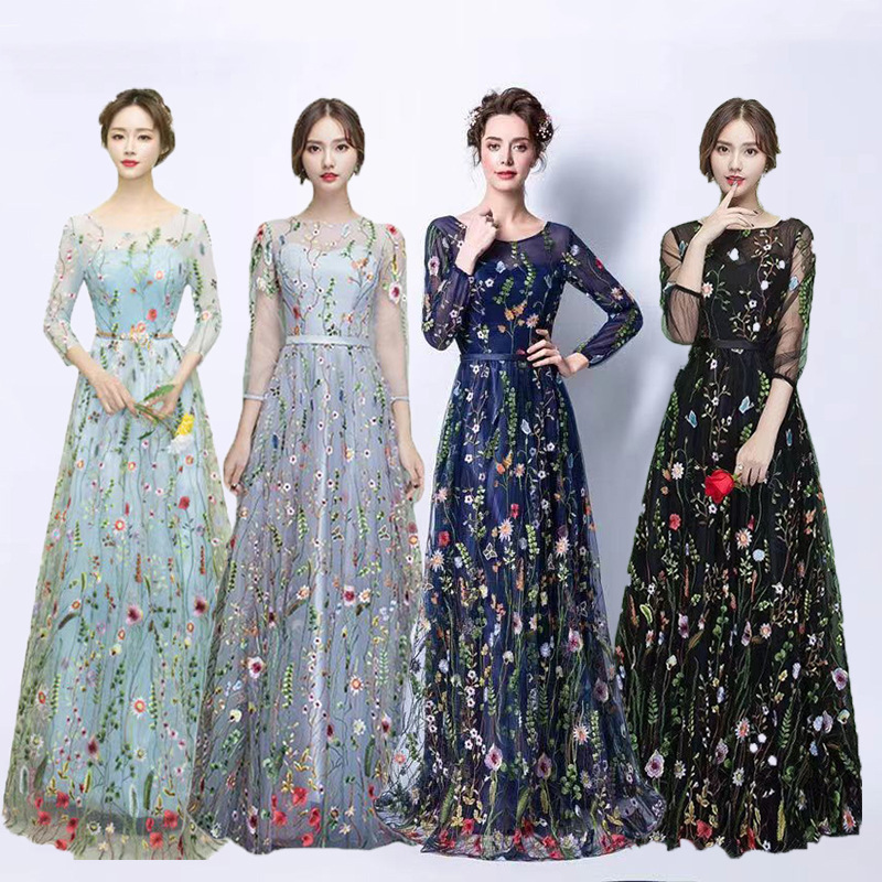 Long Evening Dress for Women, Dopamine Flower Fairy Lace Dress, Banquet Evening Dress