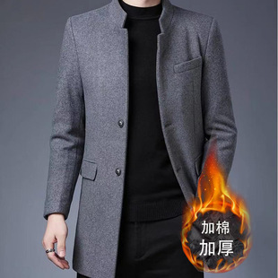 Foreign Trade Men's Woolen Coat Autumn and Winter New Mid-length Dad cotton and thickening High-grade Casual Coat Coat