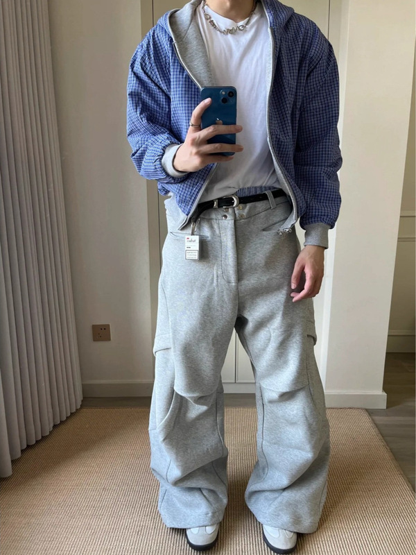 花灰miu系双面穿卫衣男秋季cleanfit蓝格纹拉链连帽开衫外套情侣|undefined