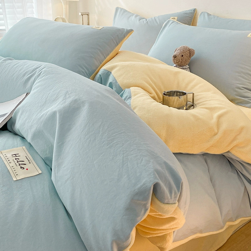 Juego de cuatro piezas de terciopelo de leche de algodón puro 2023 nuevo otoño e invierno más funda de edredón de sábana de terciopelo de coral juego de tres piezas