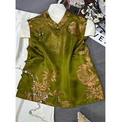 801  新中式真丝老缎提花斜襟盘扣马甲女，S M L XL，不退不换！