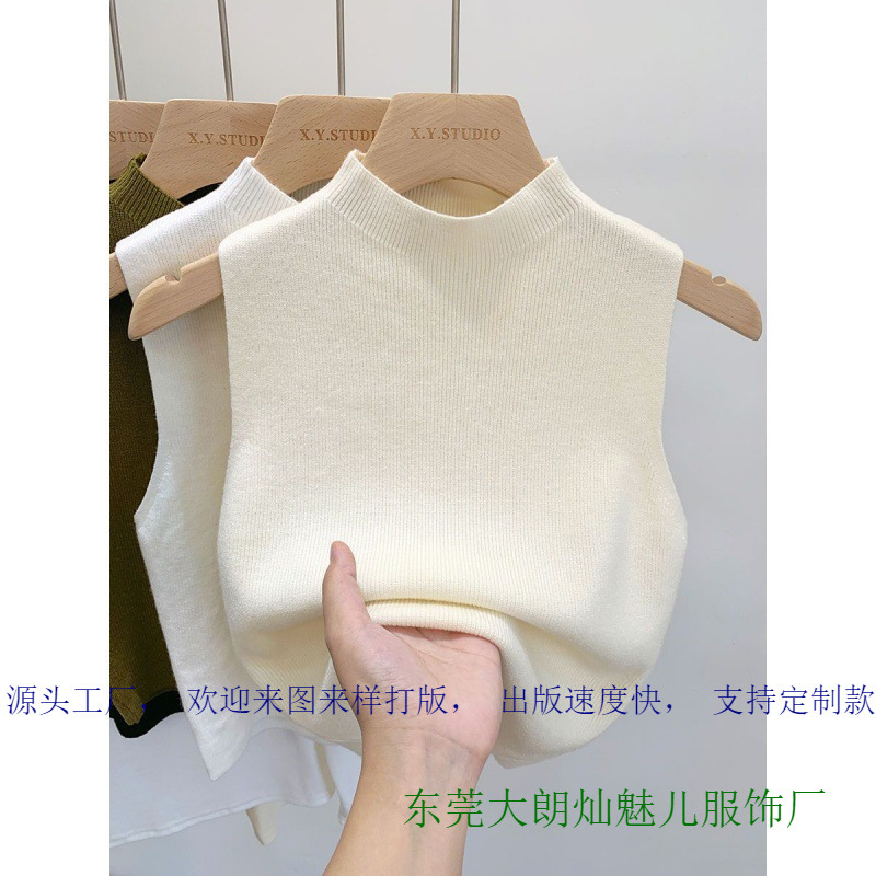 Summer Style Knitted Sweater Bottoming Shirt Half Turtleneck Camisole Short Top Outer Wear Sleeveless Women's Trendy