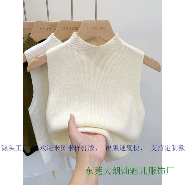 Summer Style Knitted Sweater Bottoming Shirt Half Turtleneck Camisole Short Top Outer Wear Sleeveless Women's Trendy