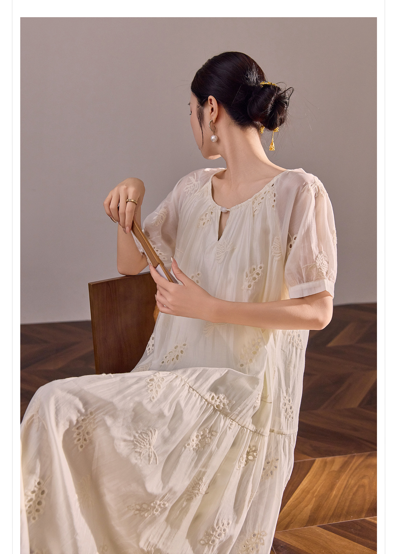Váy maxi dáng rộng phong cách Trung Hoa mới cao cấp mùa hè chất Tencel cho người dáng nhỏ — Màu trắng nhạt chi tiết 6