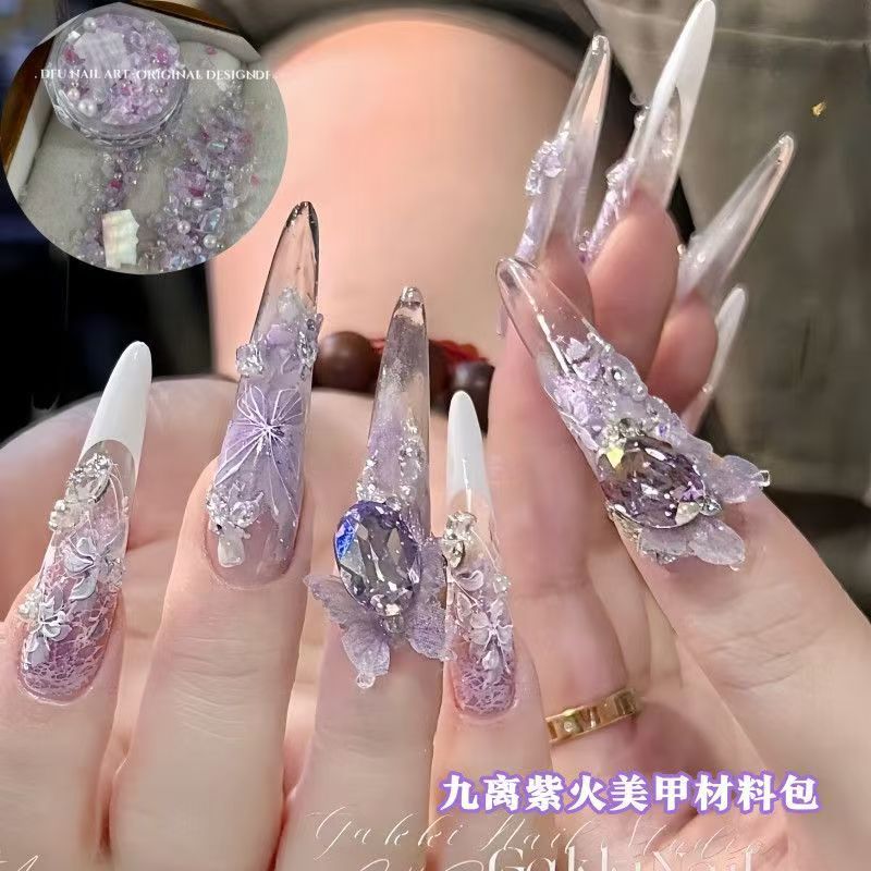 Nuevas Nueve Piedras de Cristal Púrpuras Brillantes, Perlas, Cuentas de Acero y Piezas de Concha, Accesorios de Uñas Usables, Accesorios de Arte de Uñas Estilo Palacio.
