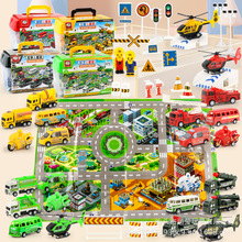 儿童回力工程小汽车玩具仿真消防DIY套装带路标地图亲子互动玩具
