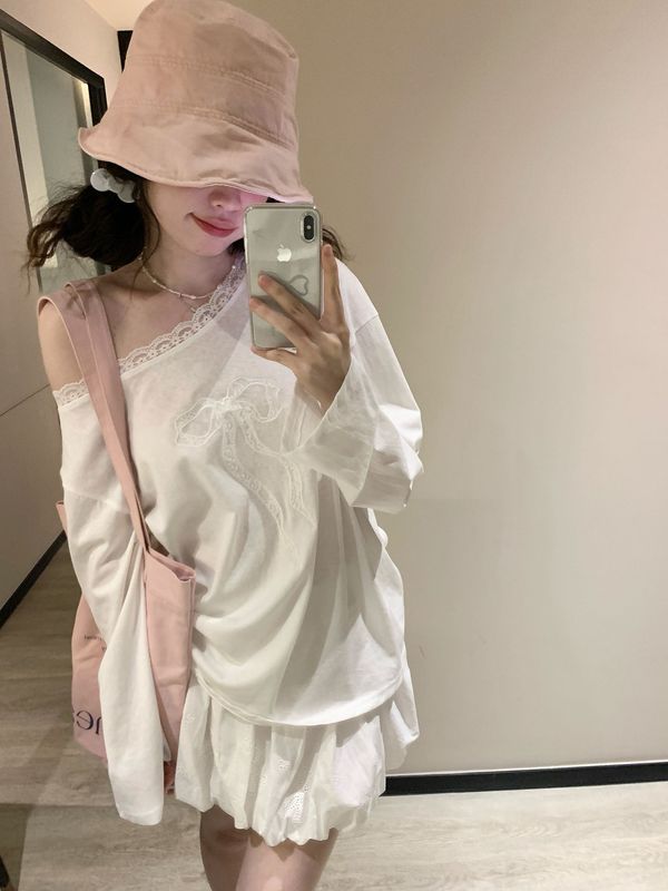 设计感蝴蝶结蕾丝露肩防晒罩衫白色长袖T恤女2025夏纯欲宽松上衣|undefined