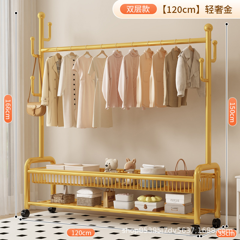 120cm 라이트 럭셔리 골드 더블 레이어 메쉬 바구니丨6 후크 + 금속 캐스터 휠