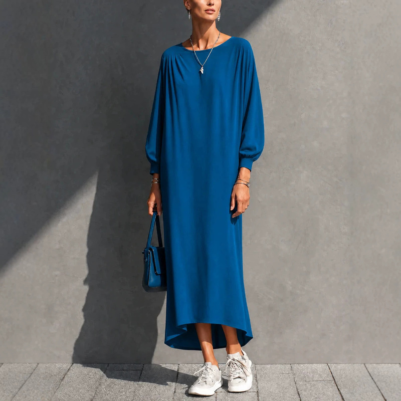 In stock 2026 European and American cross-border autumn and winter new loose casual style cotton blend bat sleeve high-low hem long dress
